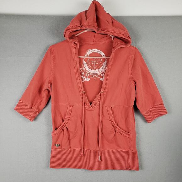 Y2K Roxy Size M Belle Swan Elbow Sleeve Hoodie Sweatshirt Orange V-Neck Pullover - Picture 1 of 8